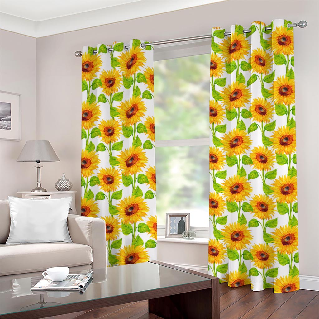 White Watercolor Sunflower Pattern Print Grommet Curtains