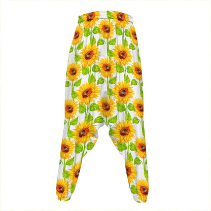White Watercolor Sunflower Pattern Print Hammer Pants