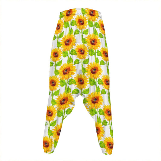 White Watercolor Sunflower Pattern Print Hammer Pants
