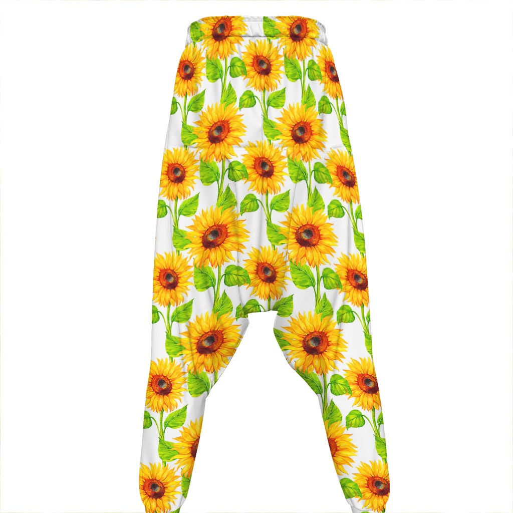 White Watercolor Sunflower Pattern Print Hammer Pants