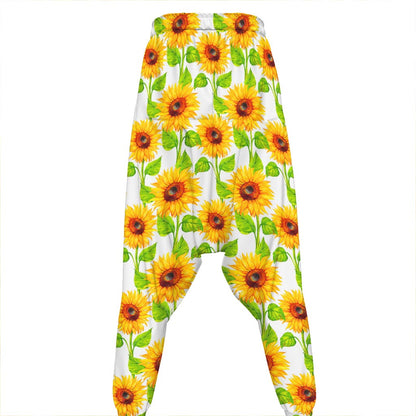 White Watercolor Sunflower Pattern Print Hammer Pants
