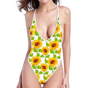 White Watercolor Sunflower Pattern Print High Cut One Piece Swimsuit