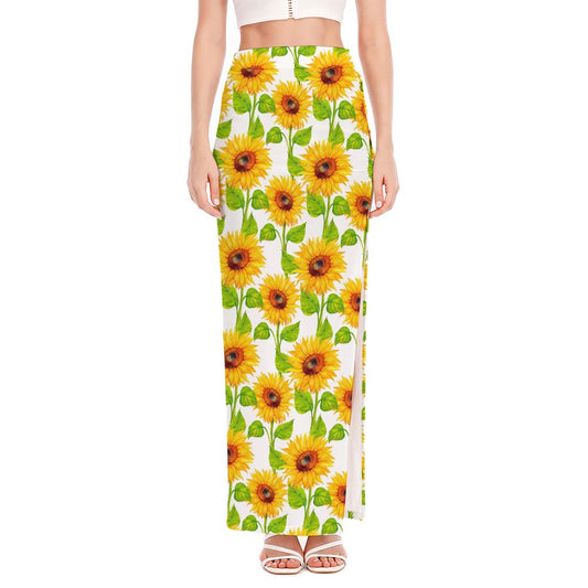 White Watercolor Sunflower Pattern Print High Slit Maxi Skirt