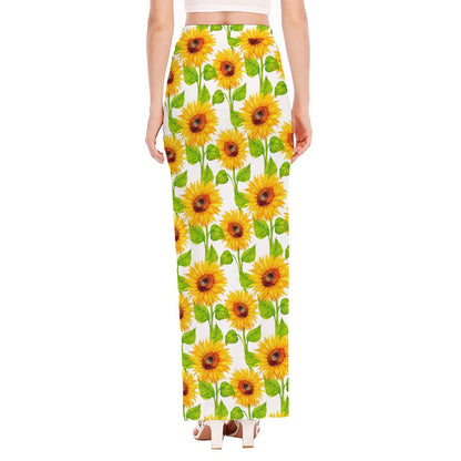 White Watercolor Sunflower Pattern Print High Slit Maxi Skirt