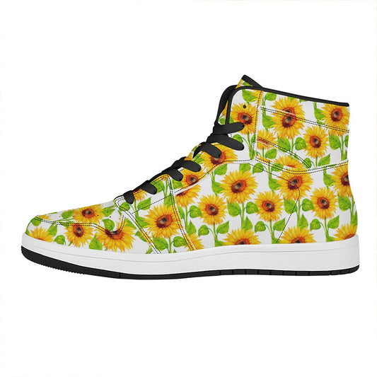 White Watercolor Sunflower Pattern Print High Top Leather Sneakers