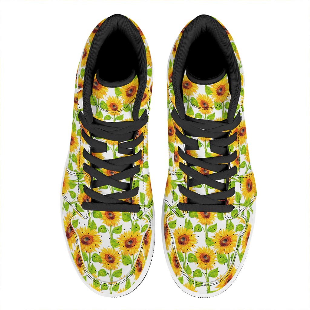 White Watercolor Sunflower Pattern Print High Top Leather Sneakers