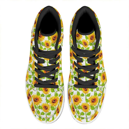 White Watercolor Sunflower Pattern Print High Top Leather Sneakers