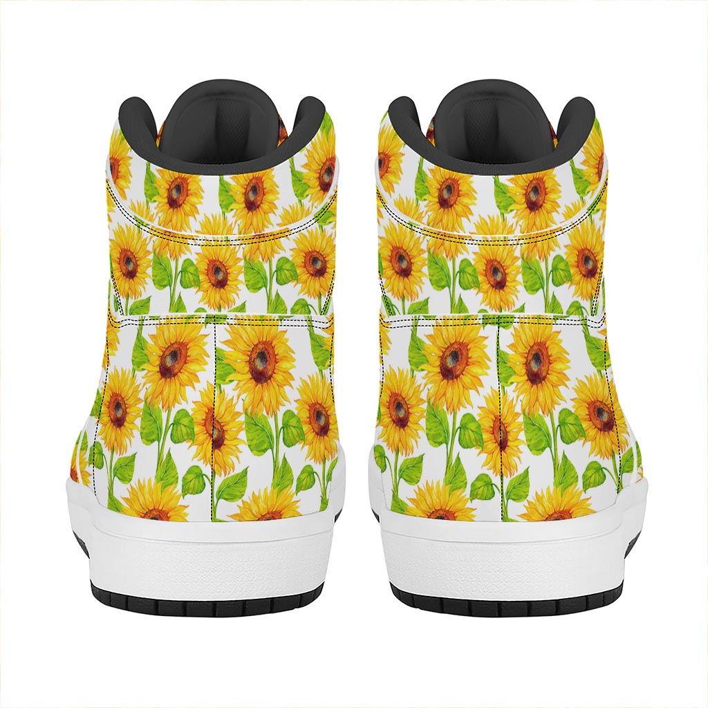 White Watercolor Sunflower Pattern Print High Top Leather Sneakers