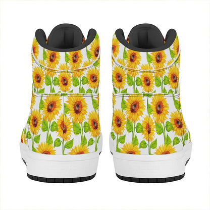 White Watercolor Sunflower Pattern Print High Top Leather Sneakers