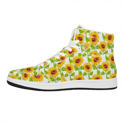 White Watercolor Sunflower Pattern Print High Top Leather Sneakers