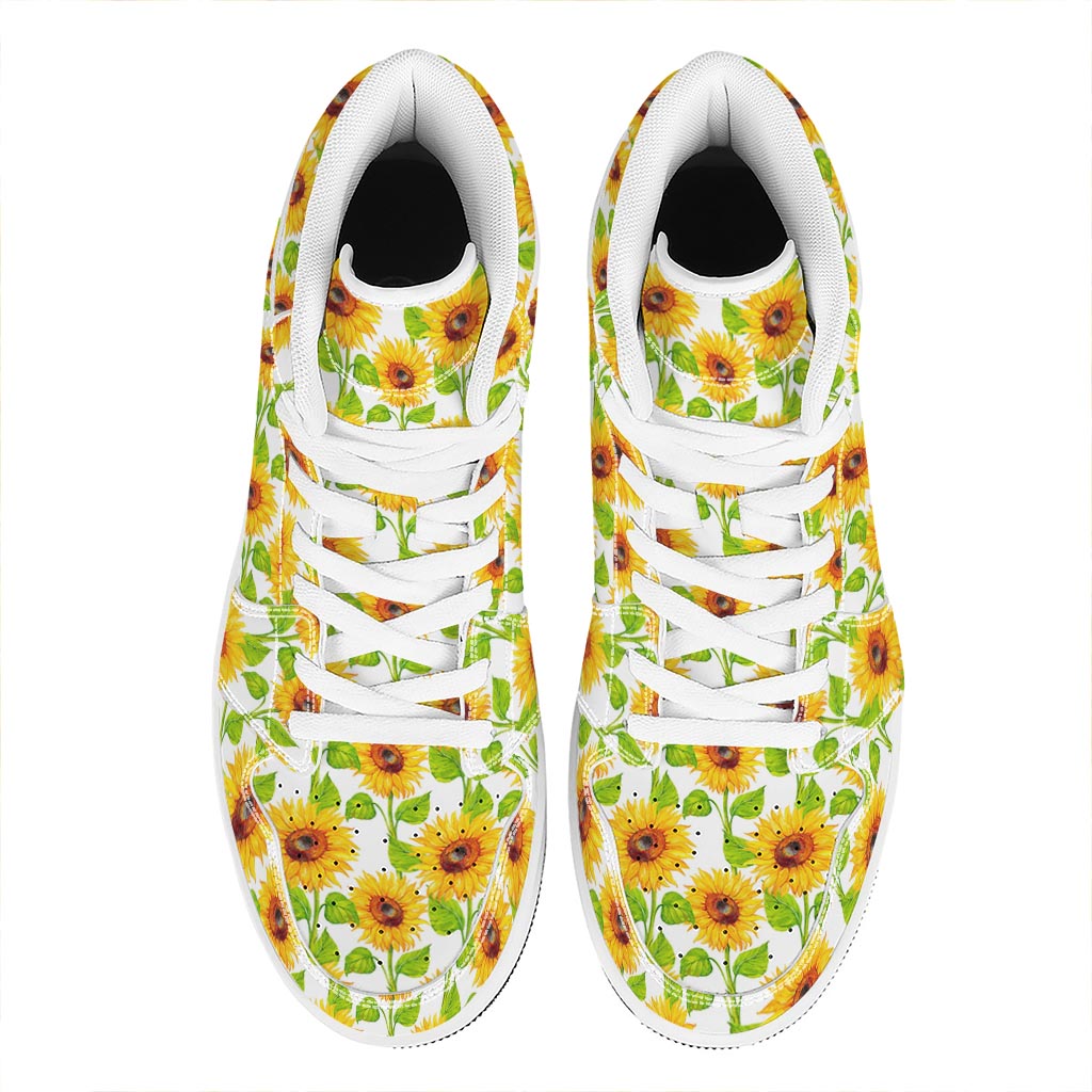 White Watercolor Sunflower Pattern Print High Top Leather Sneakers