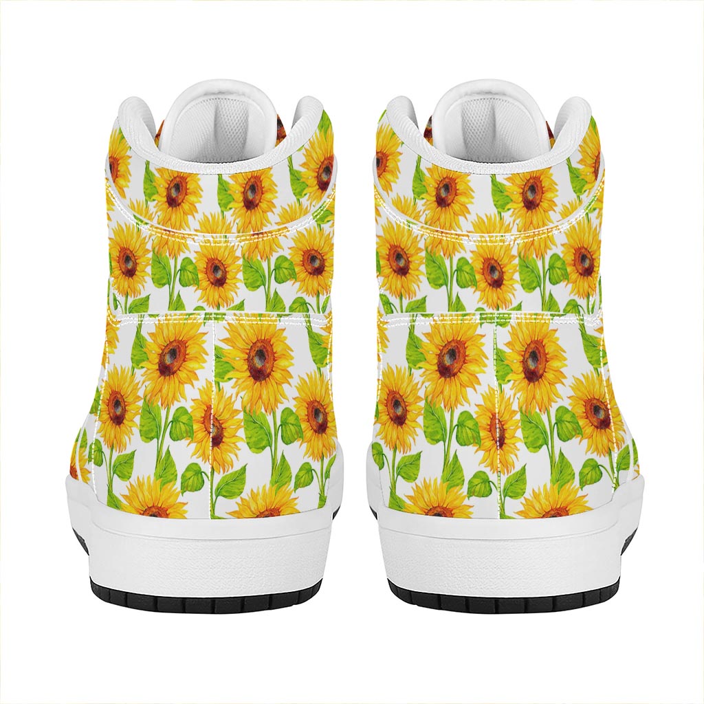 White Watercolor Sunflower Pattern Print High Top Leather Sneakers