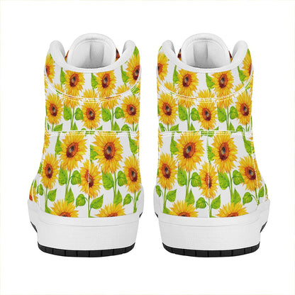 White Watercolor Sunflower Pattern Print High Top Leather Sneakers