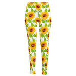 White Watercolor Sunflower Pattern Print High-Waisted Pocket Leggings