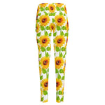 White Watercolor Sunflower Pattern Print High-Waisted Pocket Leggings