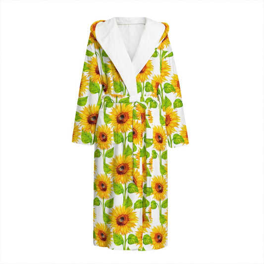 White Watercolor Sunflower Pattern Print Hooded Bathrobe
