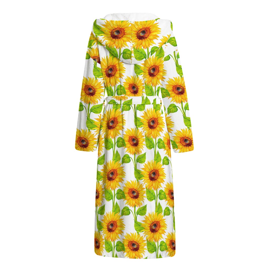 White Watercolor Sunflower Pattern Print Hooded Bathrobe