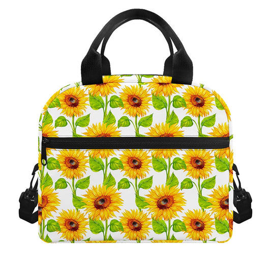 White Watercolor Sunflower Pattern Print Insulated Lunch Bag