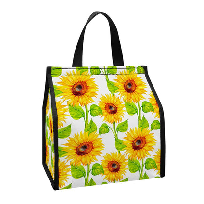 White Watercolor Sunflower Pattern Print Insulated Lunch Tote