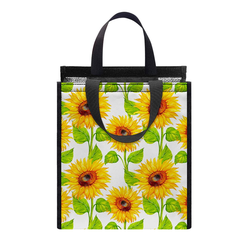 White Watercolor Sunflower Pattern Print Insulated Lunch Tote