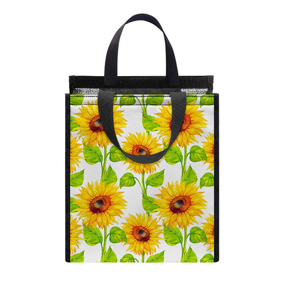 White Watercolor Sunflower Pattern Print Insulated Lunch Tote