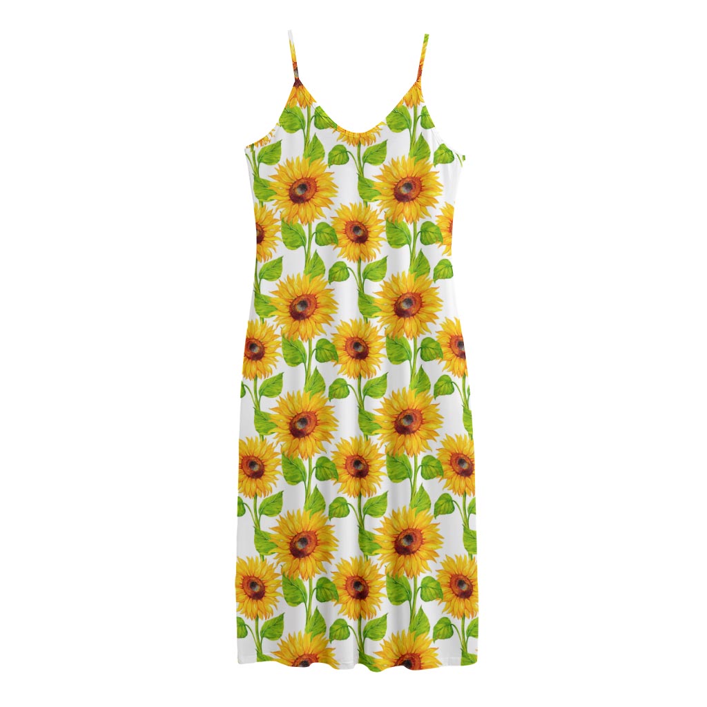 White Watercolor Sunflower Pattern Print Jersey Midi Cami Dress