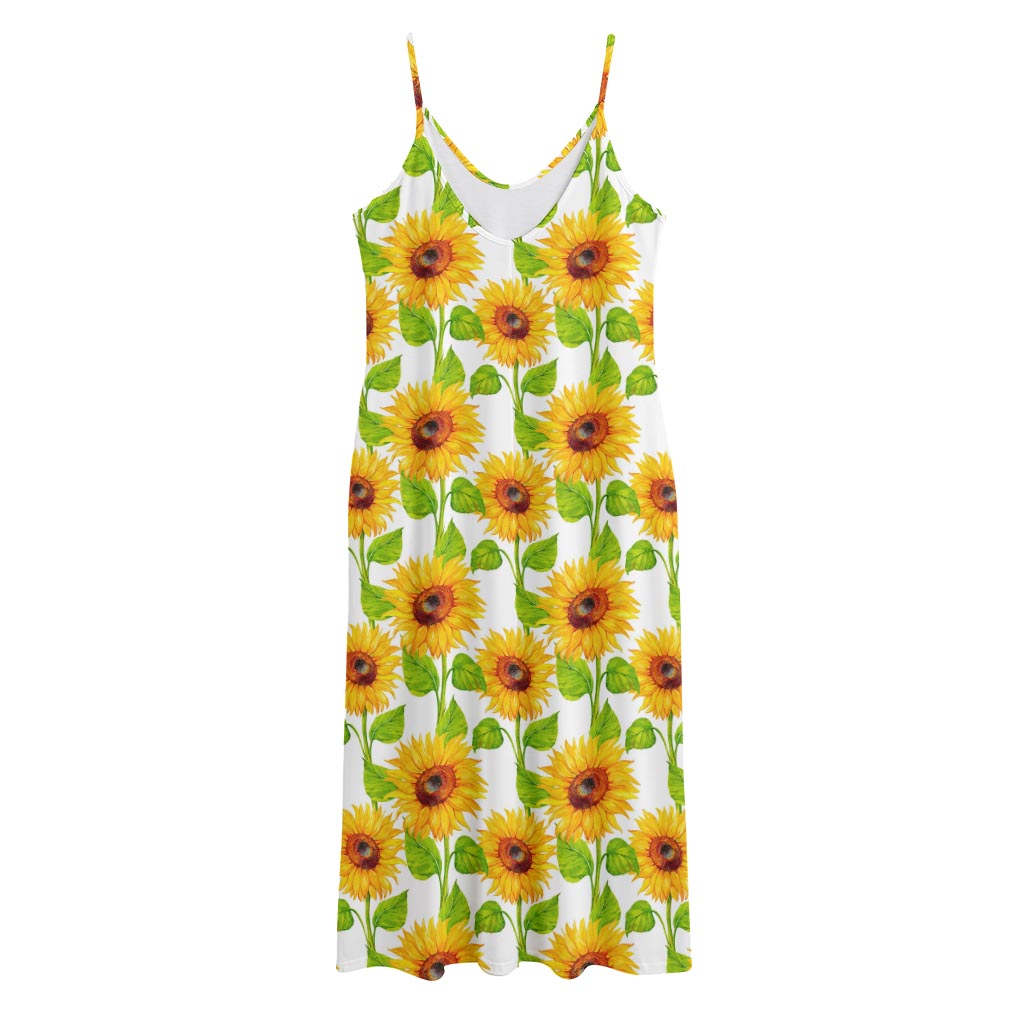 White Watercolor Sunflower Pattern Print Jersey Midi Cami Dress