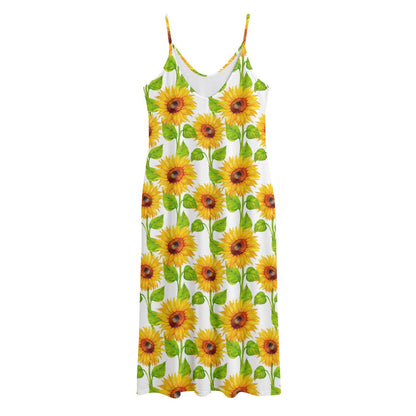 White Watercolor Sunflower Pattern Print Jersey Midi Cami Dress