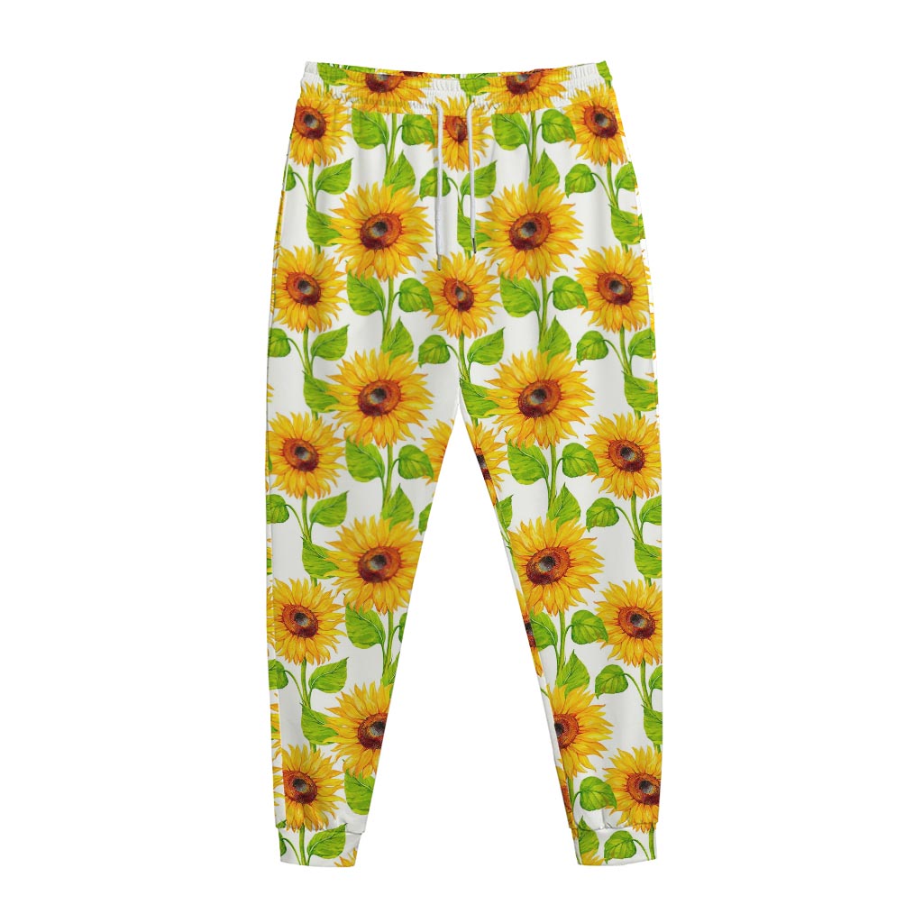White Watercolor Sunflower Pattern Print Jogger Pants