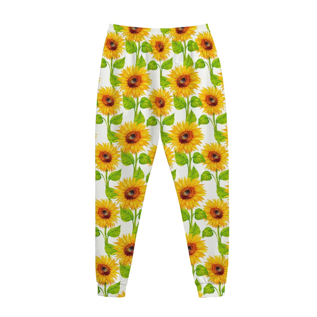 White Watercolor Sunflower Pattern Print Jogger Pants