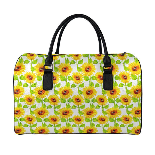White Watercolor Sunflower Pattern Print Leather Duffle Bag