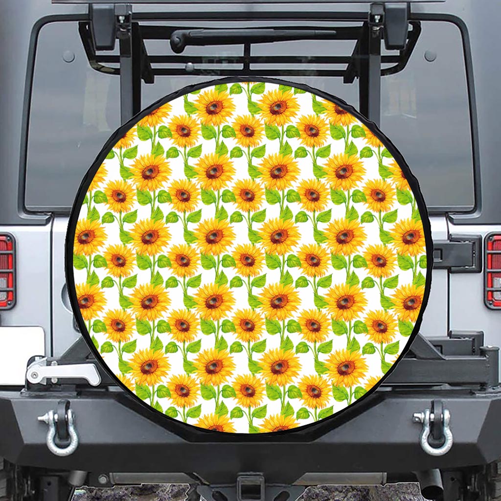 White Watercolor Sunflower Pattern Print Leather Spare Tire Cover