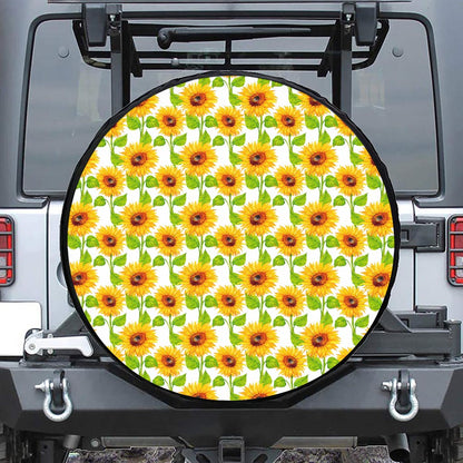 White Watercolor Sunflower Pattern Print Leather Spare Tire Cover