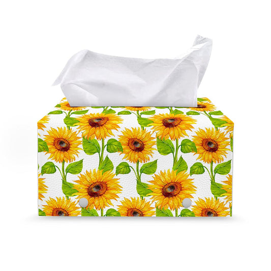 White Watercolor Sunflower Pattern Print Leather Tissue Box Cover
