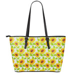 White Watercolor Sunflower Pattern Print Leather Tote Bag