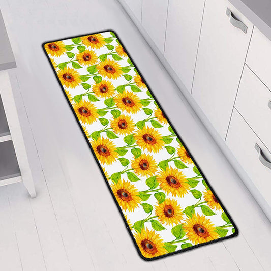 White Watercolor Sunflower Pattern Print Long Kitchen Mat