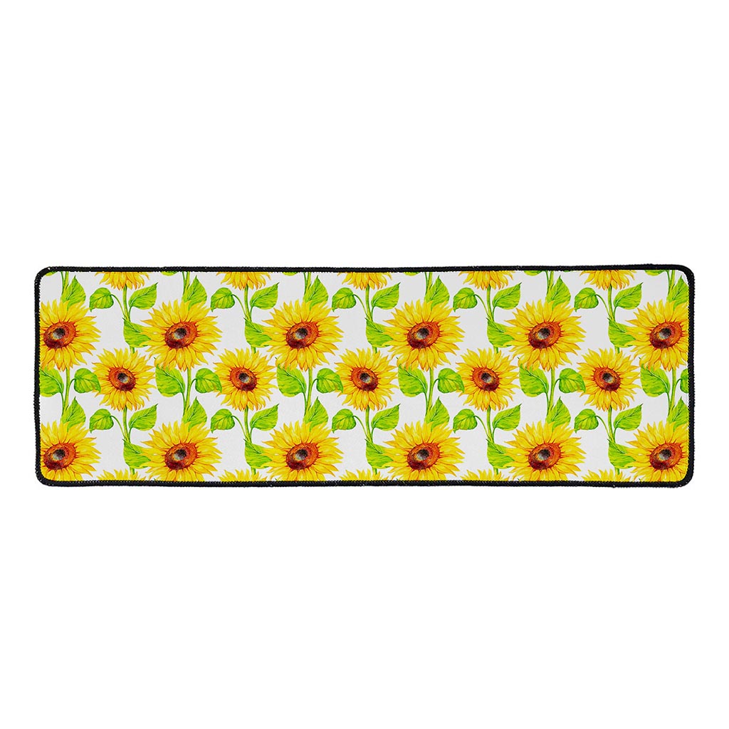 White Watercolor Sunflower Pattern Print Long Kitchen Mat