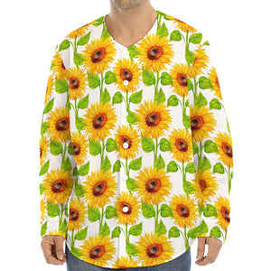 White Watercolor Sunflower Pattern Print Long Sleeve Baseball Jersey