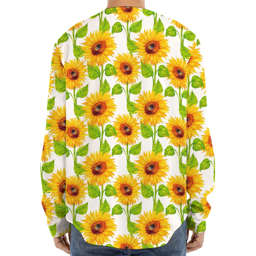 White Watercolor Sunflower Pattern Print Long Sleeve Baseball Jersey