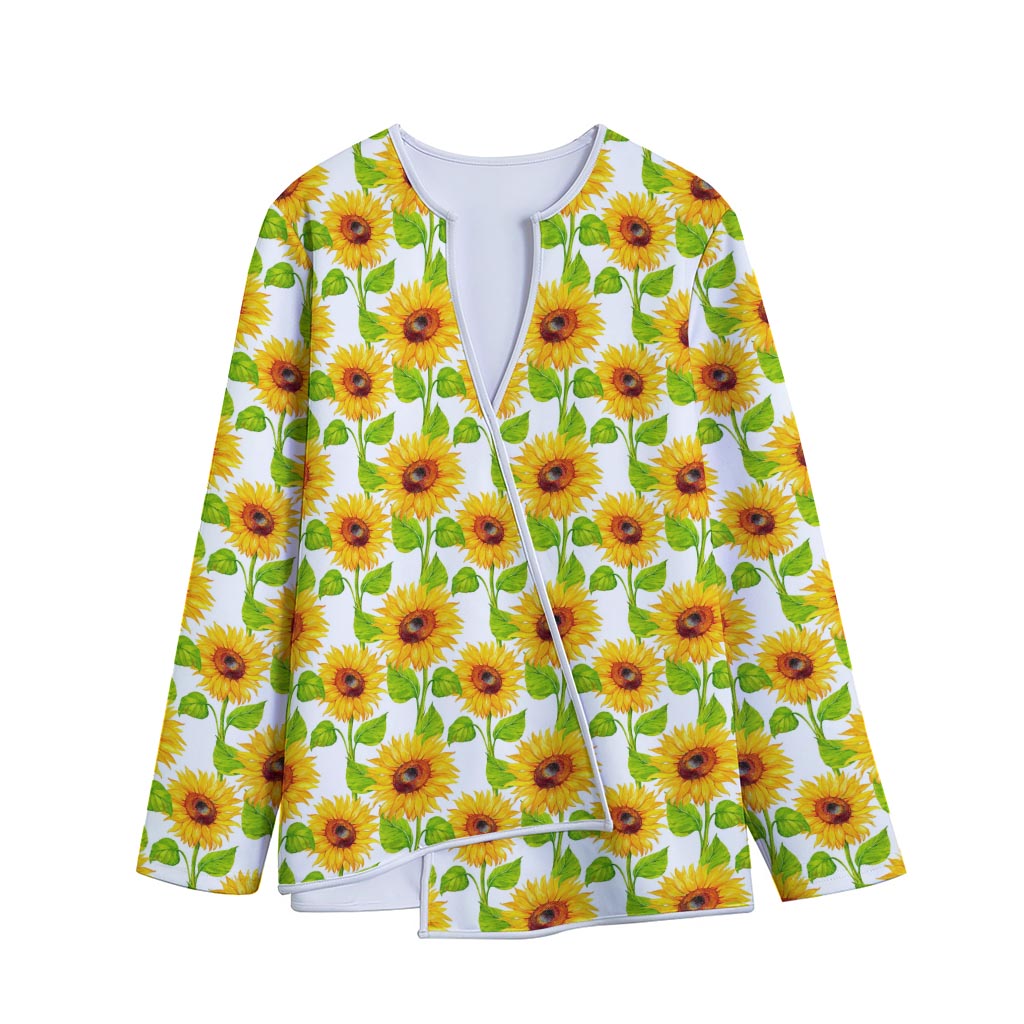White Watercolor Sunflower Pattern Print Long Sleeve Short Coat