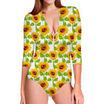 White Watercolor Sunflower Pattern Print Long Sleeve Swimsuit