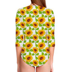 White Watercolor Sunflower Pattern Print Long Sleeve Swimsuit