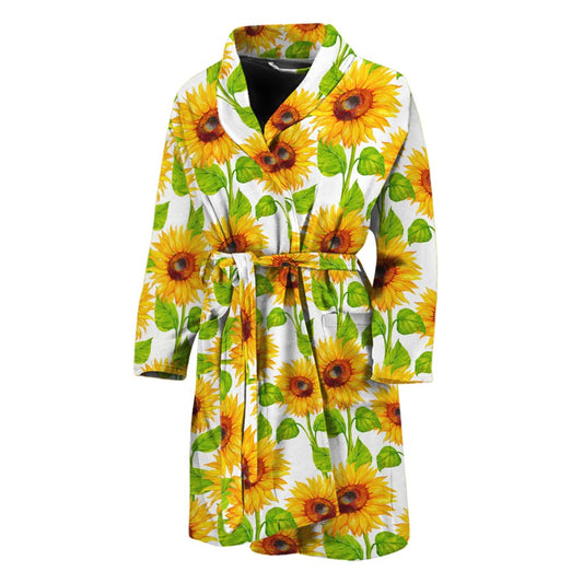 White Watercolor Sunflower Pattern Print Men's Bathrobe