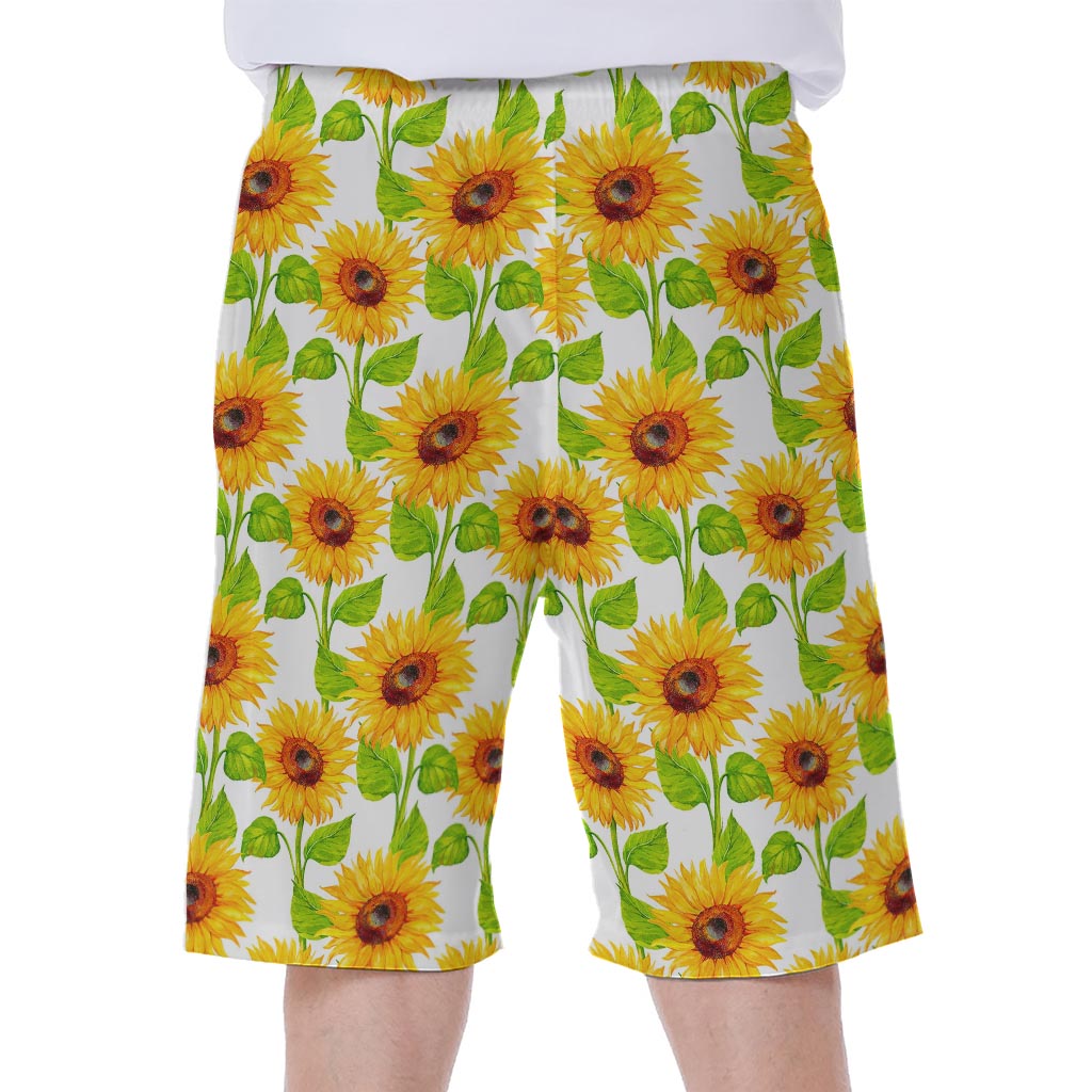 White Watercolor Sunflower Pattern Print Men's Beach Shorts