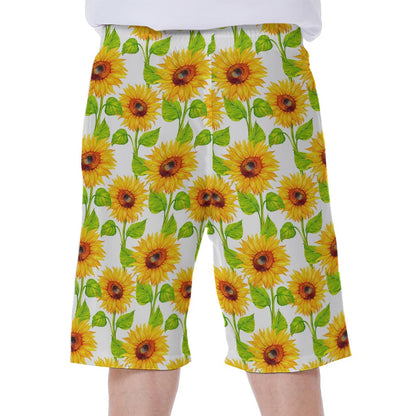 White Watercolor Sunflower Pattern Print Men's Beach Shorts
