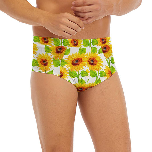 White Watercolor Sunflower Pattern Print Men's Briefs