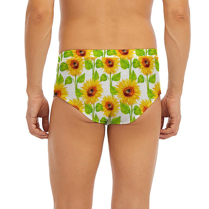 White Watercolor Sunflower Pattern Print Men's Briefs