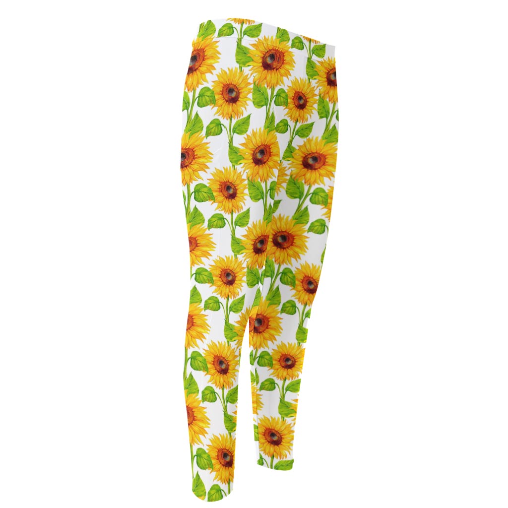 White Watercolor Sunflower Pattern Print Men's Compression Pants