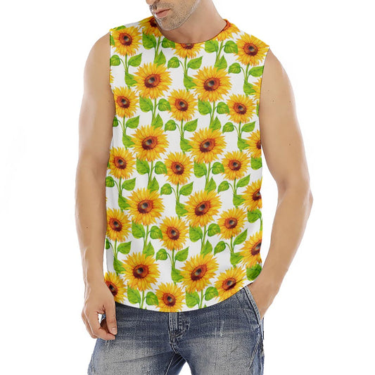 White Watercolor Sunflower Pattern Print Men's Fitness Tank Top