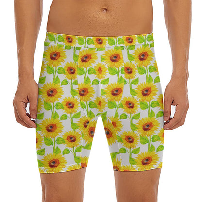 White Watercolor Sunflower Pattern Print Men's Long Boxer Briefs